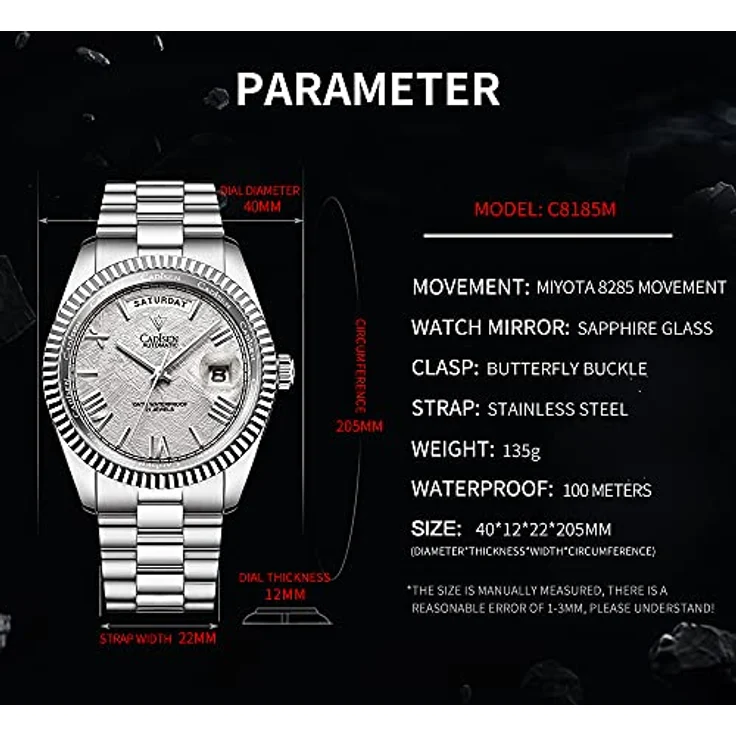 CADISEN MIYOTA 8285 Automatik Uhr Herren, Mechanische Armbanduhr mit Saphirglas, Edelstahlarmband, grau, wasserdicht bis 100 m – Bild 2