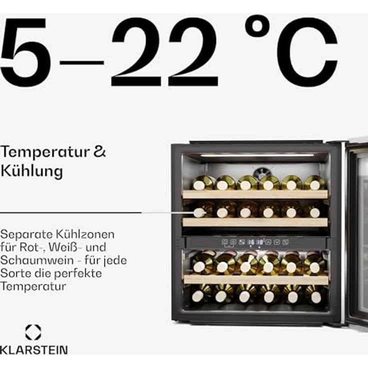 Klarstein Rhone 36 Duo Weinkühlschrank, 36 Flaschen, 2 Zonen, 5-22°C, LED-Steuerung, UV-Schutz, leiser Betrieb, Schwarz – Bild 4
