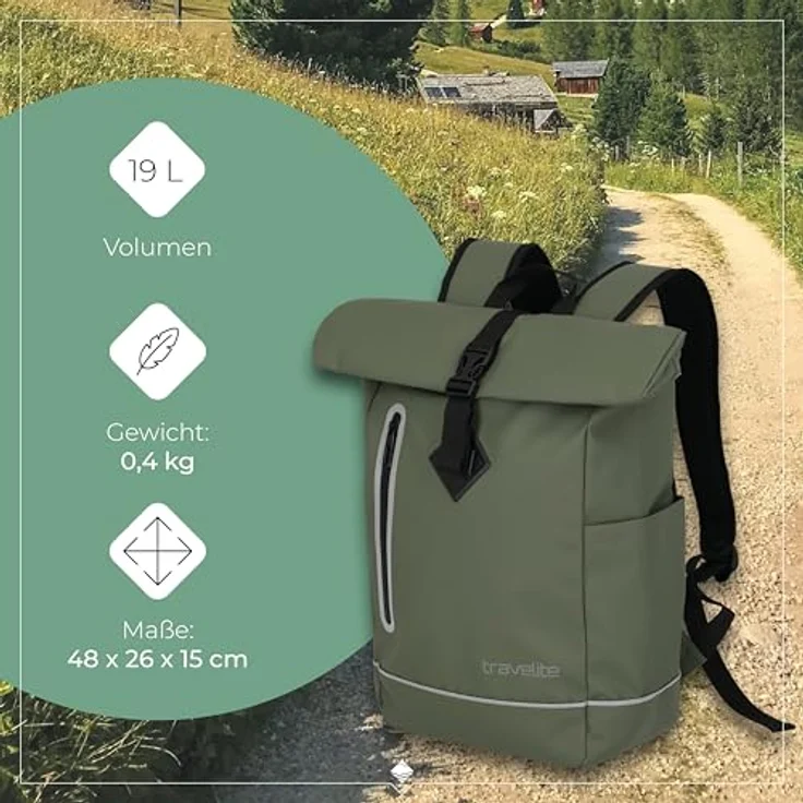 travelite BASICS Roll-Up Rucksack, Freizeitrucksack aus wasserfester Plane, atmungsaktive Rückwand, für Wandern und Reisen – Bild 3