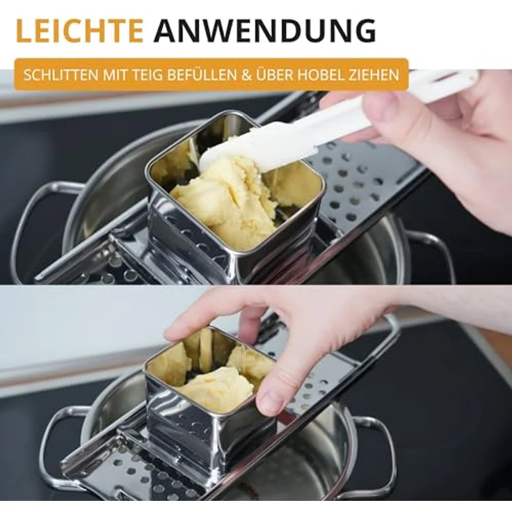 Westmark Spätzlehobel Knöpfle Inox, Edelstahl-Spätzlereibe mit Schlitten für feine Knöpfle & Spätzle, Silber, 31,5 cm – Bild 3