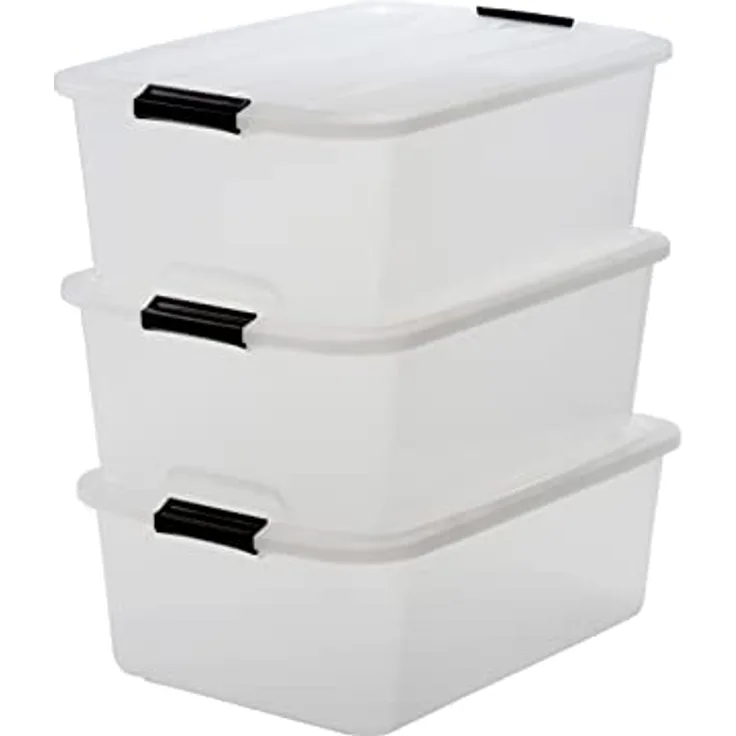 Iris Ohyama, 3er-Set, Aufbewahrungsboxen, 30 L, mit Clips, stapelbar, Wohnzimmer, Schlafzimmer, Garage - Top Box TB-30 - Transparent