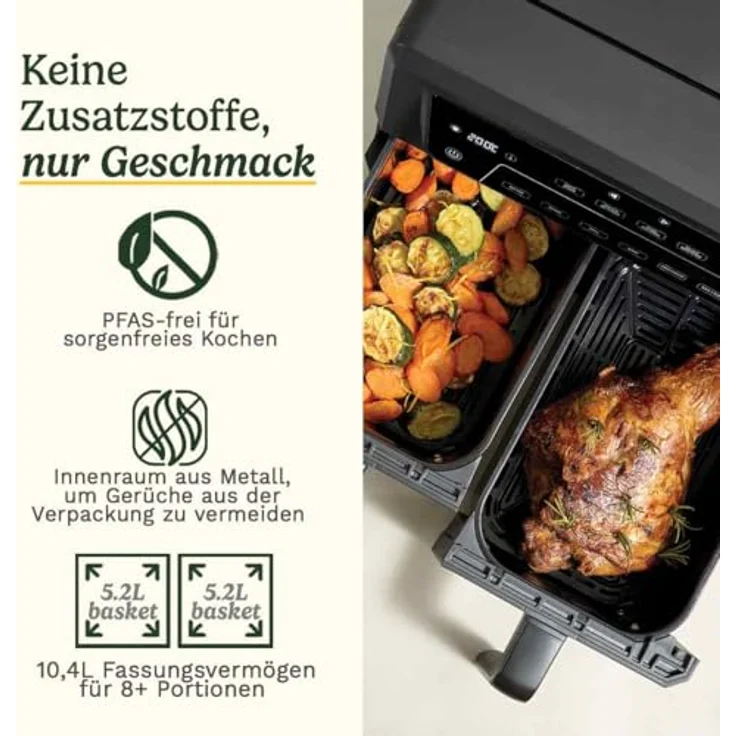 Cuisinart XXL Air Fryer, Doppelschubladen 2 x 5,2 l, PFAS-frei, 6-in-1 Kochmodi, Sichtfenster, automatische Warmhaltefunktion – Bild 2
