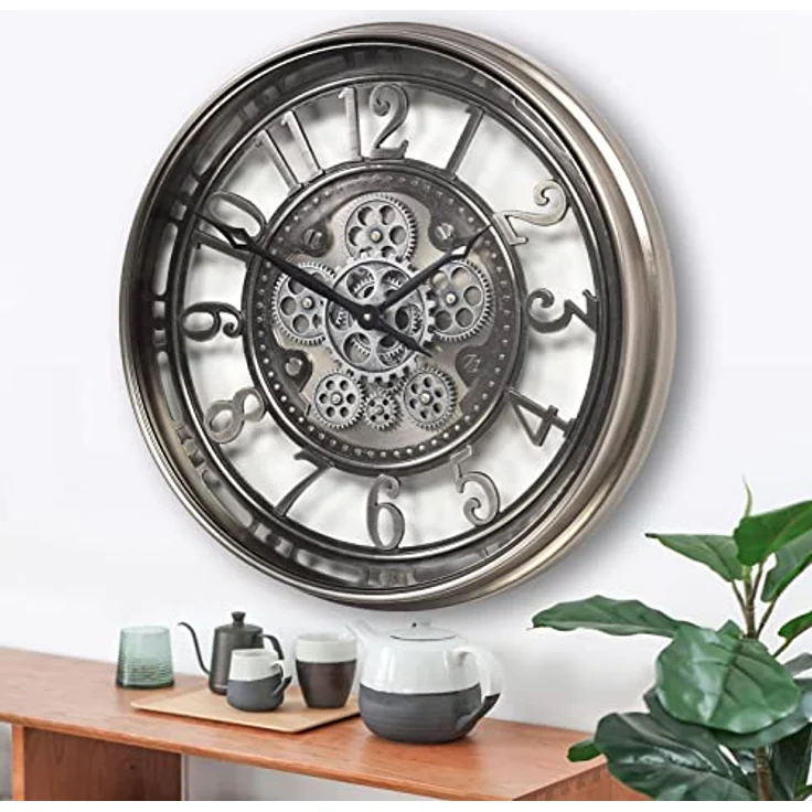 Samilito Wanduhr mit echtem Bewegungsgetriebe Zahnrädern römische oder arabische Ziffern (Arabische Zahlen, Silber) – Bild 4