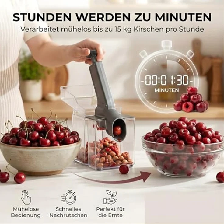 Thiru Premium Kirschentkerner, hohe Entkernleistung für frische, konservierte, tiefgekühlte Kirschen, inkl. Spritzschutz und 25 Rezepte, Made in Germany – Bild 4