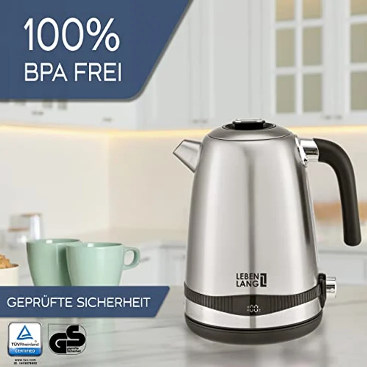 LEBENLANG Wasserkocher Edelstahl Temperatureinstellung – Leise, Temperaturanzeige & Warmhaltefunktion - 1,7 Liter & 2200W | Electric Kettle | Temperatur Edelstahl Wasserkocher Retro ohne Plastik – Bild 4