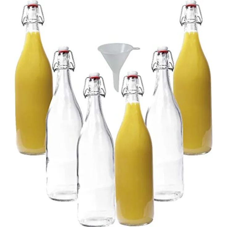mikken 6X Glasflasche 1 Liter mit Bügelverschluss aus Porzellan inkl Trichter, Transparent