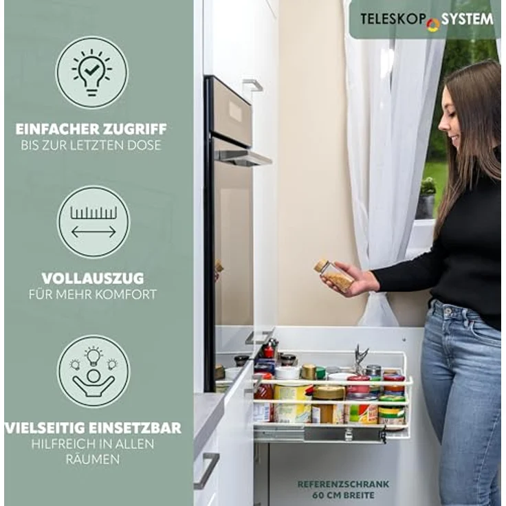bremermann Teleskopauszug 50 cm für Küchenschrank, Metall, cremeweiß, inkl. Einlegeboden, max. 15 kg belastbar – Bild 3