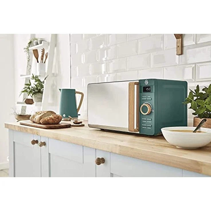 Swan Nordic Digital Mikrowelle 20L, 800W, 6 Betriebsstufen, 30 Minuten Timer, Auftaufunktion, Matt Grün mit Holzgriff – Bild 2