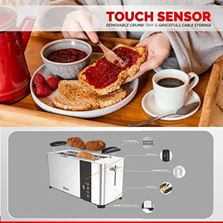 Zilan Toaster ZLN-6234, 4 Scheiben, 1400 W, Edelstahl Gehäuse, Brötchenaufsatz, Krümelschublade, Cool-Touch Design - Preisvergleich – Bild 6