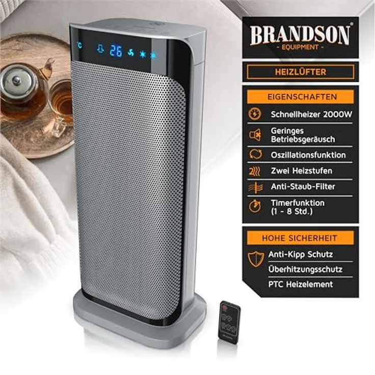 Brandson Keramik-Heizlüfter 2000 Watt mit IR-Fernbedienung, energiesparend, leise, Oszillationsfunktion, GS zertifiziert, 42x18x14 cm – Bild 2