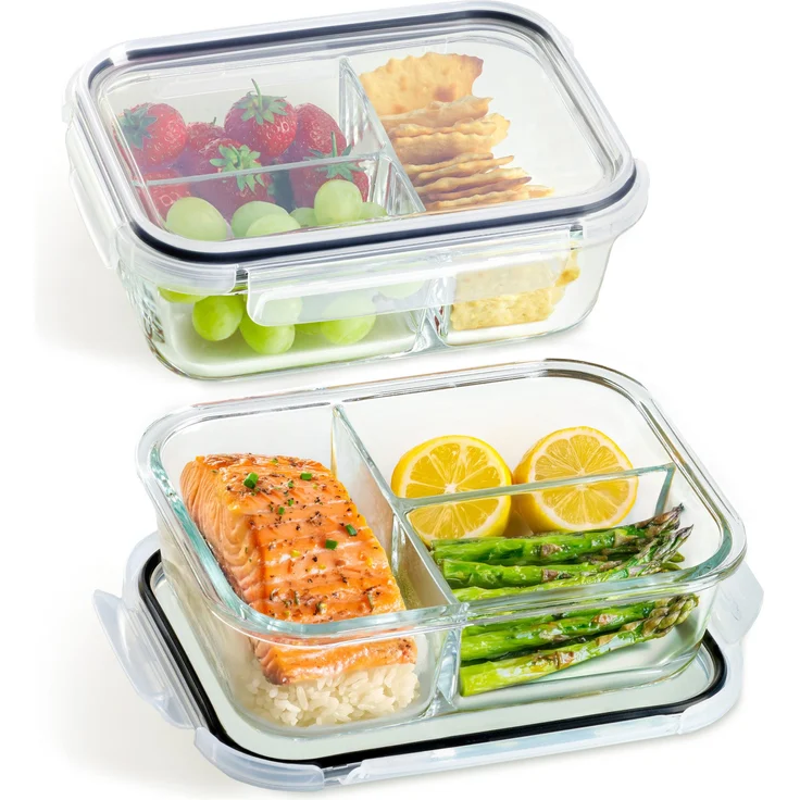 Praknu Lunchbox Frischhaltedosen Set Glas 3 Kammer 1000 ml - BPA-freier Kunststoffdeckel, Ofenfest, Bento Box Zum Einfrieren - Tupper – Bild 1