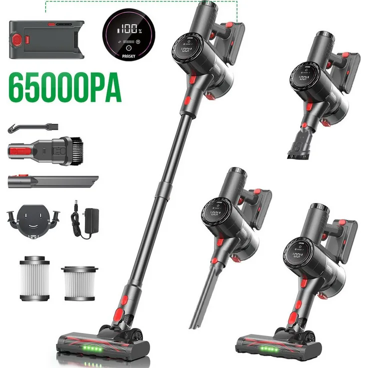 PRASKY Stielstaubsauger P1MAX, kabelloser 550 W Akku-Handstaubsauger mit HEPA-Filter und flexibler LED-Bodenbürste