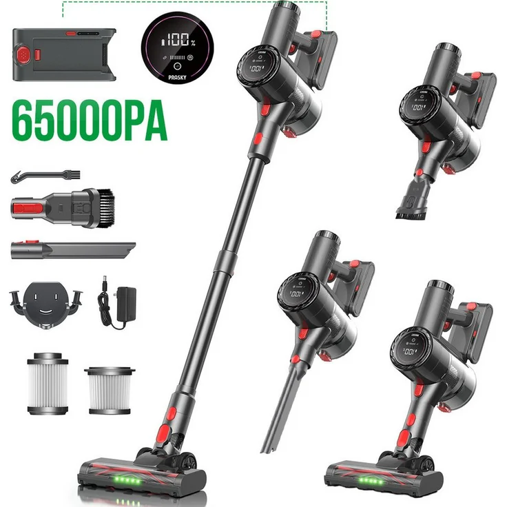 PRASKY Stielstaubsauger P1MAX, kabelloser 550 W Akku-Handstaubsauger mit HEPA-Filter und flexibler LED-Bodenbürste