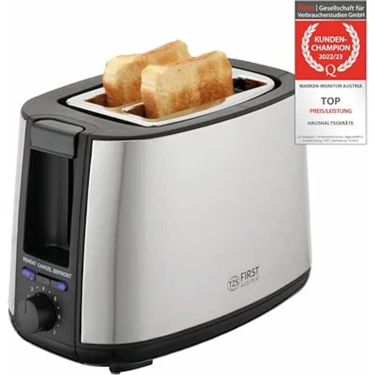 TZS First Austria 2-Scheiben Toaster i Selbstzentrierfunktion i 7 Bräunungsstufen i Auftau- und Aufwärmfunktion i Brötchenwärmer i 650-750W