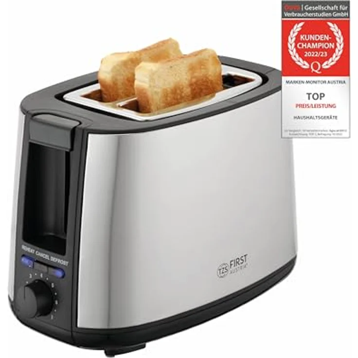 TZS First Austria 2-Scheiben Toaster i Selbstzentrierfunktion i 7 Bräunungsstufen i Auftau- und Aufwärmfunktion i Brötchenwärmer i 650-750W – Bild 1