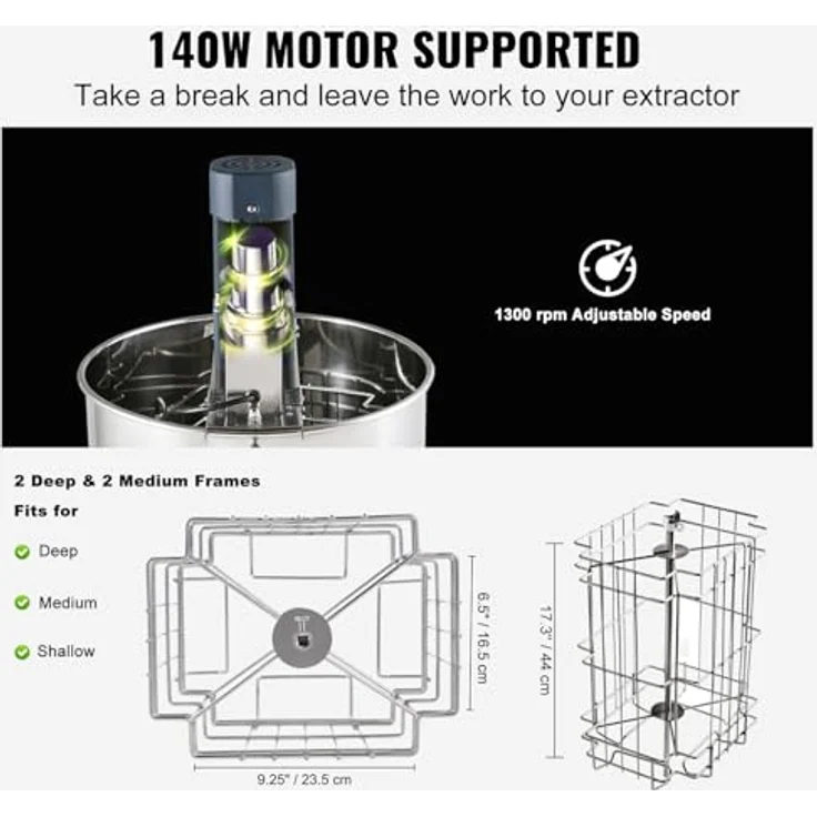 VEVOR Zentrifugenentsafter Elektrischer Honigschleuder, 2/4 Rahmen, Edelstahl, 140 W – Bild 4