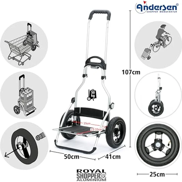 ANDERSEN Einkaufstrolley - Royal Shopper Oli.P 2.0 blau 50 L Einkaufswagen, hochwertig, Shopping, Thermo, Aluminium, klappbar, luftbereiftes Kugellagerrad – Bild 2