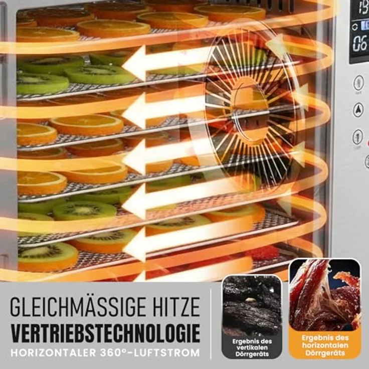 Bolkani Dörrautomat Edelstahl 500 W, Dehydrator mit Timer & Touchdisplay, 20–90 °C, 6 Edelstahlgitter, Tropfschale, leise Umluft, Innenbeleuchtung, BPA-frei – Bild 2