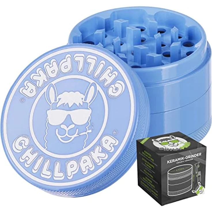 CHILLPAKA® Premium Keramik Grinder Crusher | ø63mm groß Blau | messerscharfe Kräutermühle mit haftfreier Keramikbeschichtung | inkl. Pollenschaber + Pinsel – Bild 1
