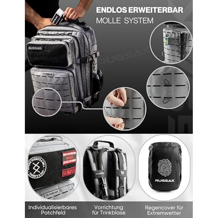 RUGSAK Alpha Go 25L Rucksack Ash Gray – Wasserabweisend, 18-Zoll Laptopfach, Ergonomisch, Alltag, Reise & Outdoor – Bild 8