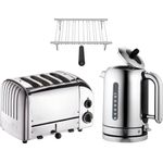 Dualit Frühstücksset Classic, 4er Toaster, 1,7 L Wasserkocher, Brötchenaufsatz, Retro-Design, leiser Betrieb, Edelstahl