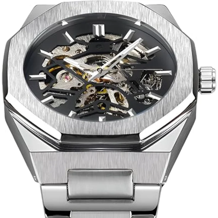S&T Design Mechanische Uhr Skelett Edelstahl, Achteckiges Design, Wasserdicht, für Herren - Preisvergleich – Bild 2