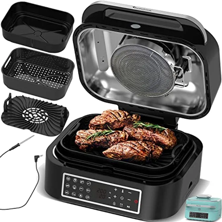 Grill und Heißluftfritteuse TurboAir 1800W, bis zu 6,5 L Volumen mit digitalem Temperaturfühler & Knusperplatte Fleischthermometer Elektrogrill Tischgrill Air Fryer heißluft fritteuse