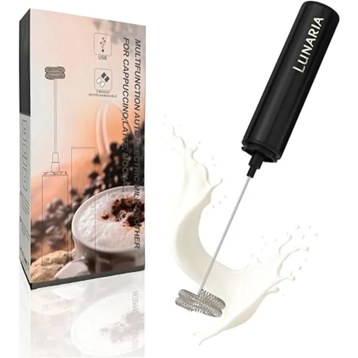LUNARIA Milchaufschäumer kabellos, Edelstahl, schwarz/silber, 8 W, für Cappuccino & Latte Macchiato, USB aufladbar, 2 Aufsätze