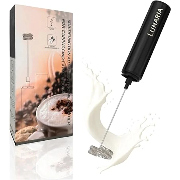 LUNARIA Milchaufschäumer kabellos, Edelstahl, schwarz/silber, 8 W, für Cappuccino & Latte Macchiato, USB aufladbar, 2 Aufsätze – Bild 1