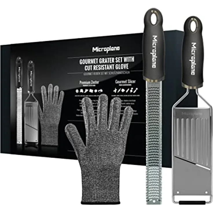 Microplane Küchenreiben-Set (Zester, Gemüsehobel & Handschuh) für Parmesan, Kartoffel, Gurke, Zucchini, Karotte, Ingwer und Muskatnuss mit rasiermesserscharfen Edelstahlklingen