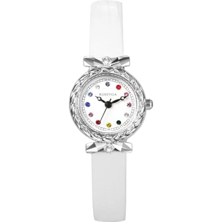 JewelryWe Damenuhr Kleine Leder Uhren, Exquisite Analog Quarz Armbanduhr in Weiß mit farbigen Diamantskala und ultradünnem Design – Bild 1