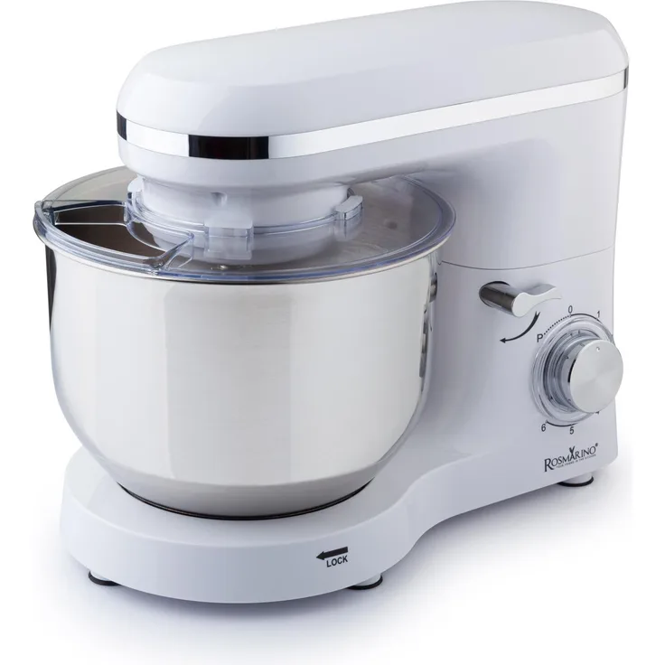 Rosmarino Küchenmaschine Infinity PRO, 5L Edelstahlschüssel, 1400W, 6 Geschwindigkeiten mit Pulsfunktion, neigbarer Kopf, inkl. Aufsätze