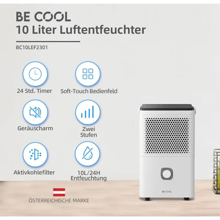 Be Cool BC10LEF2301 Luftentfeuchter 15m² 240W 10 l/Tag Weiß, Grau – Bild 2