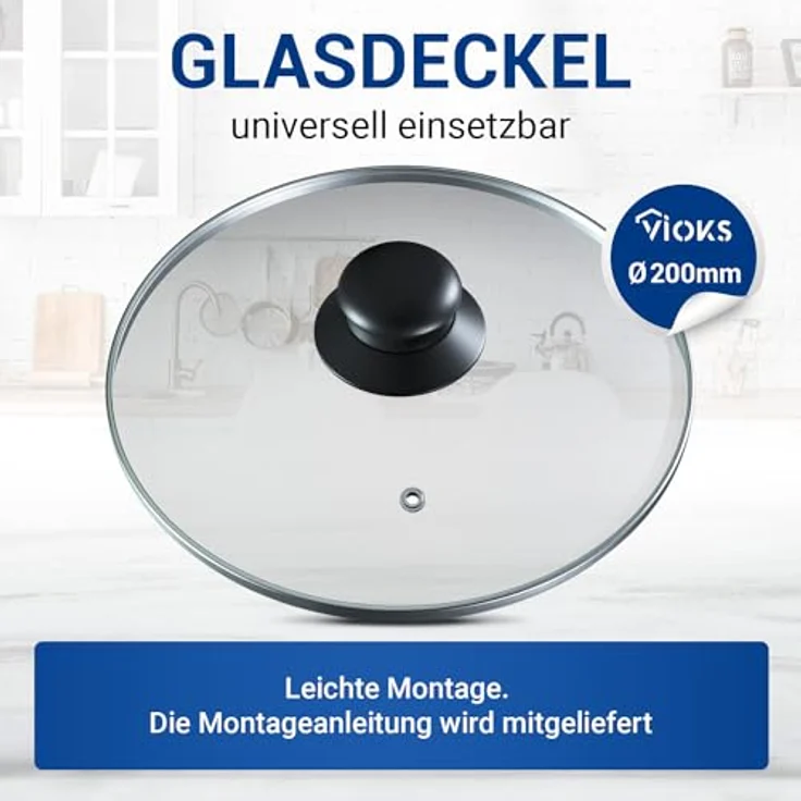 VIOKS Glasdeckel 200mmØ, Topfdeckel mit Knopfgriff und Edelstahlschutzrand für Töpfe und Pfannen – Bild 2