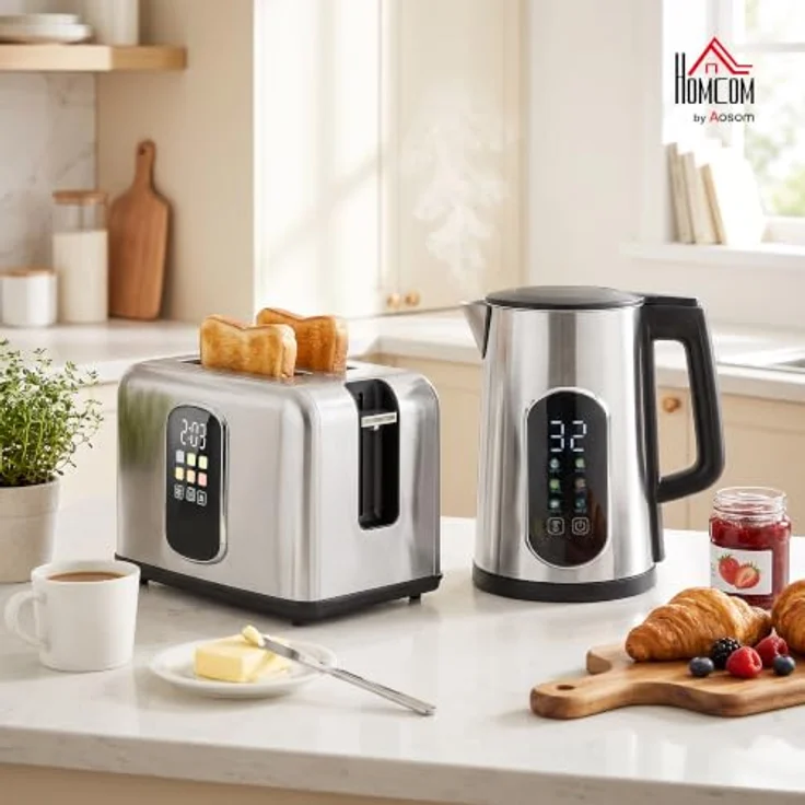HOMCOM Wasserkocher Toaster Set, 2200 W Wasserkocher (1,5 L) und 2-Scheiben Toaster in Silber, mit LED-Touch und Warmhaltefunktion – Bild 2