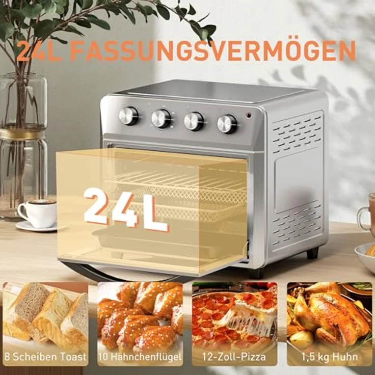 HOMCOM Minibackofen mit 60 Min. Timer, 24 L, 1600W, Heiße Luftzirkulation, Innenbeleuchtung, Silber – Bild 3