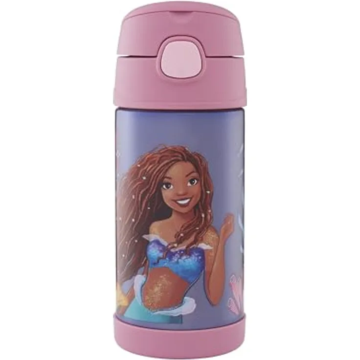 THERMOS kids FUNTAINER Trinkflasche 350ml, Edelstahl, Disney Meerjungfrau, 12h kalt, mit Strohhalm und Tragegriff, BPA-frei, für Schule und Kita