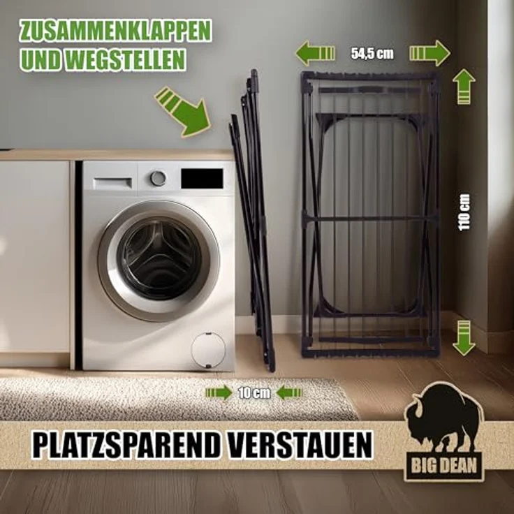 BigDean XXL Wäscheständer ausziehbar, 20m Trockenfläche, robust mit Klemmen für kleine Wäschestücke, schwarz – Bild 2