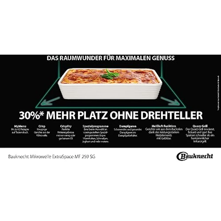 Mikrowelle MF 259 SG/Extra Space: Kombi Ohne Drehteller/My Menu/Crisp/Crisp Fry/Spezialprogramme/Dampf-Funktion/Heißluft/Quarz Grill/Auto Clean/Dampfgaren incl. Behalter/Quartz Grill/Auto Clean/25L – Bild 5