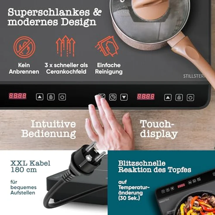 Stillstern Doppel-Induktionskochplatte ChefKoch Xtreme Duo 3600W, 24h Timer, Lautlos-Funktion, Glaskeramik – Bild 5