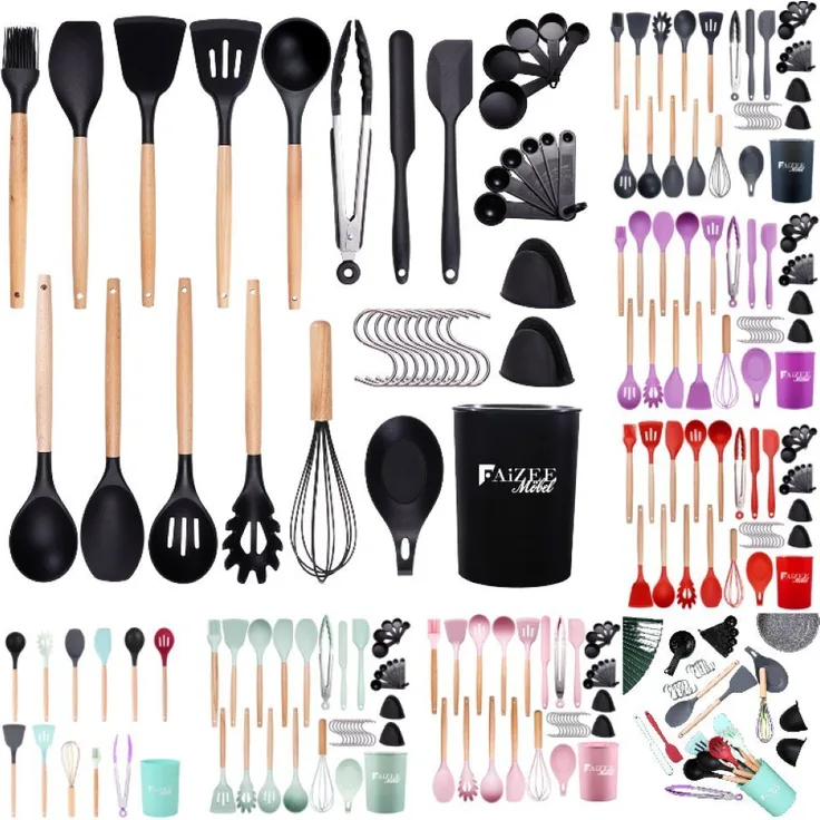 Faizee Möbel Kochbesteck-Set 38tlg, Silikon mit Holzgriff, lebensmittelecht, schwarz, rot, lila, rosa, türkis, dunkel grau