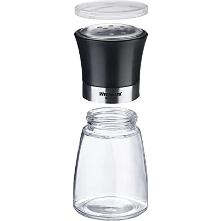 WESTMARK Salz- / Pfefferstreuer mit Aromadeckel, grobes Lochbild, transparent/schwarz/silber, 13.2 cm hoch – Bild 4