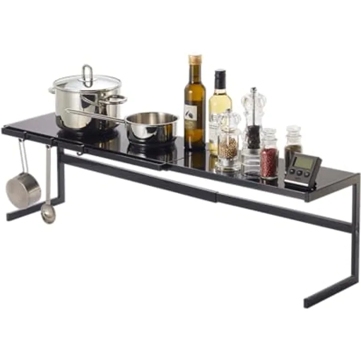 Yamazaki 4481 Tower Ausziehbares Küchenregal, Legierter schwarzer Stahl, verstellbare Länge von 54-92 cm, inkl. Haken, minimalistisches Design