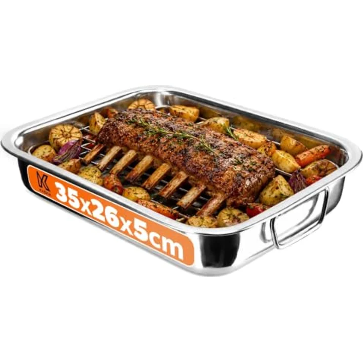 KADAX Bräter mit Rost, rechteckige Ofenform 35 x 26 cm aus Edelstahl für Fleisch, Geflügel, Fisch & Gemüse, Bratpfanne geeignet für Backofen – Bild 1