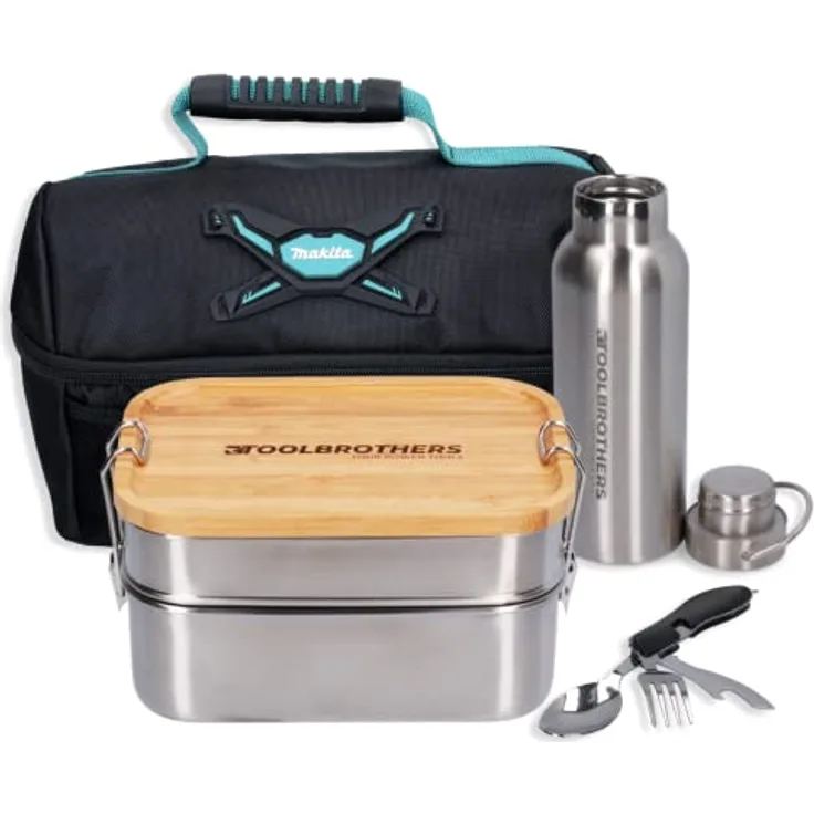 Toolbrothers Fan Lunchpaket mit Edelstahl Brotdose mit Bambus Deckel + Edelstahl Trinkflasche 500 ml + 4 in 1 Multifunktions Besteck + Marken-Kühltasche (Set mit 1340ml in 2 Etagen & Bambusdeckel) - Toolbrothers Lunchbox Set mit Thermotasche