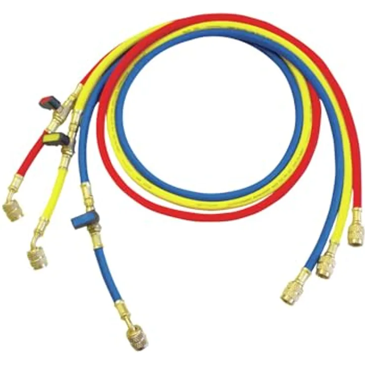 ROTHENBERGER Druckschläuche-Set PLUS, 1/4" SAE, 1,5m, Teflondichtung für Kälte- & Klimaanlagen, farbkodiert (blau, rot, gelb), 60 bar Arbeitsdruck