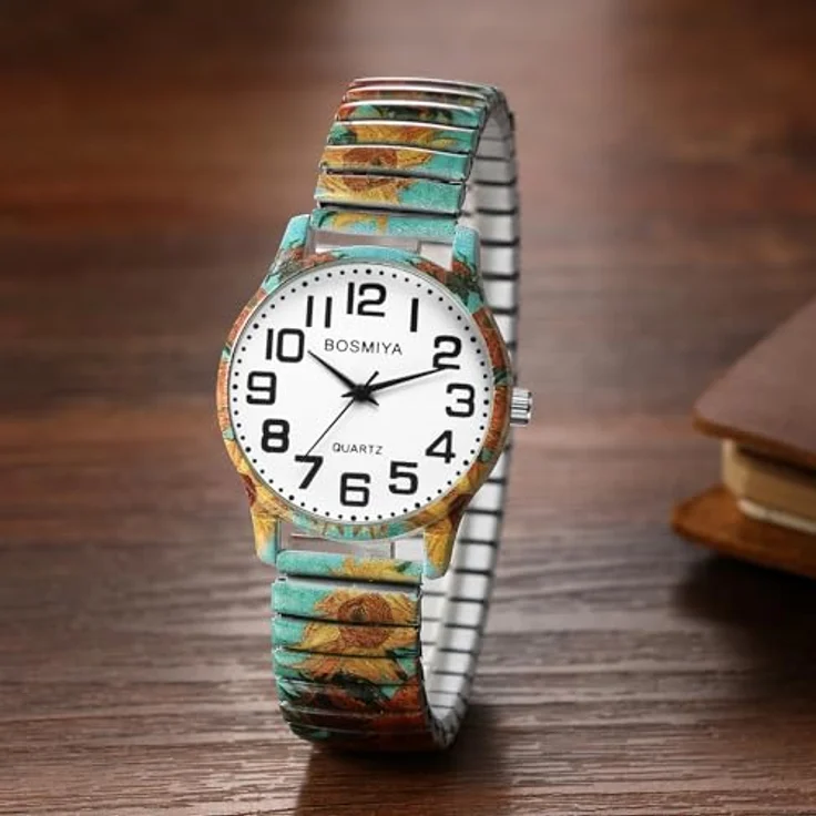 JewelryWe Damenuhr Boho Elastische Armbanduhr, Analog Quarz mit Van Goghs Sonnenblumen, Edelstahl Stretcharmband, große Ziffern, für Handgelenke 18-22 cm, mit 1ATM Wasserschutz – Bild 4