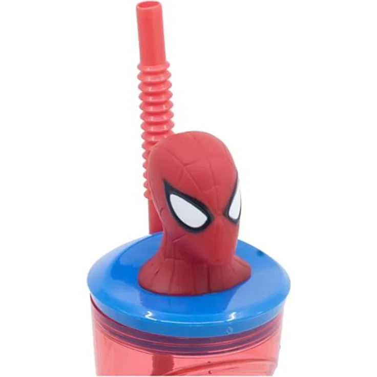 Spiderman 3D Trinkflasche Becher, 360 ml mit Strohhalm und Figurdeckel für Kinder – Bild 4