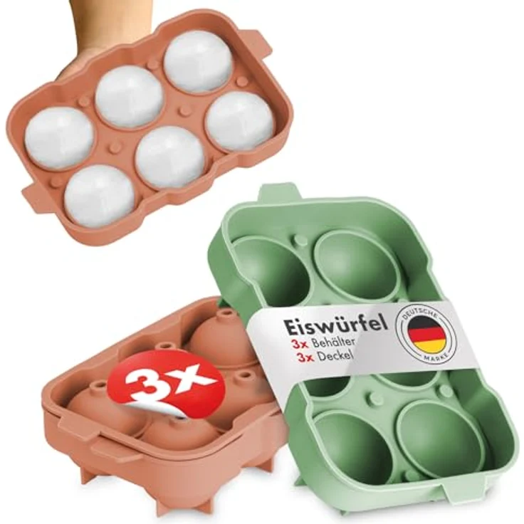 Blumtal Eiswürfelformen Silikon 3er Set, BPA-freie Eiskugelform mit Deckel, 6er Ice Ball Maker, Olivgrün + Mineral Rot – Bild 1