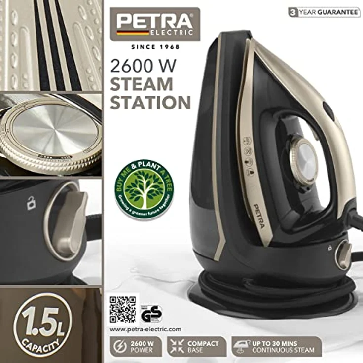 Petra PF01483VDEEU7 Anti-Kalk Bügeleisen Dampfstation - 2600W, XL 1,5L Wasserbehälter, 30 Min Kontinuierlicher Dampf, Keramik Bügelsohle, Groß Dampfbügeleisen Mit Kompktbasis und Verriegelungssystem – Bild 2